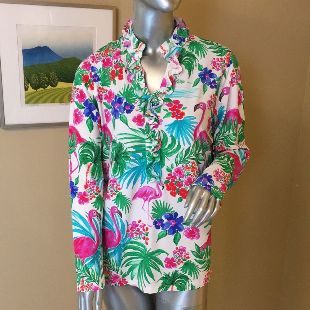 G LIFESTYLE | Flamingo Floral Palms Print Long Sleeve Double Ruffle Top
